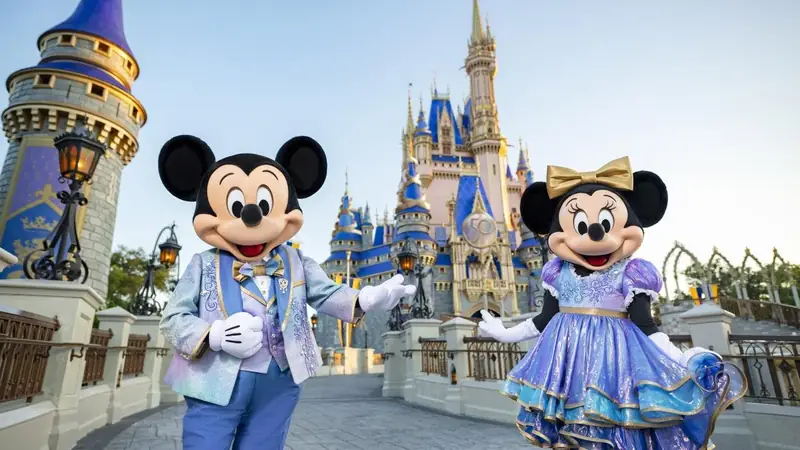 Mickey Mouse and Minnie Mouse in front of Cinderella Castle during Walt Disney World's 50th anniversary