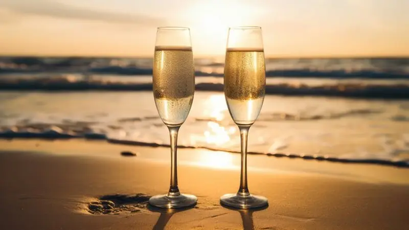 Two champagne flutes standing in the sand at a golden sunset beach with the ocean behind them